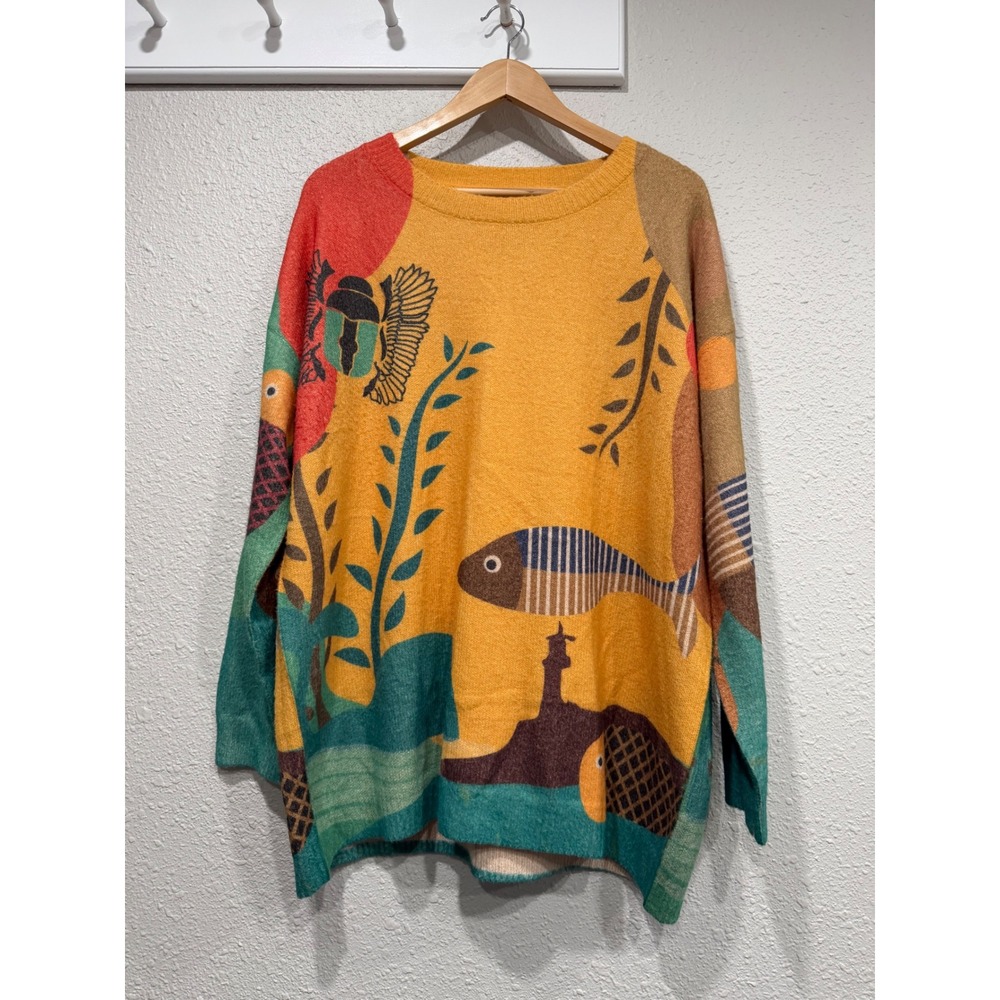 Oversized Graphic Wool Blend Sweater XL Fish Nature Art To Wear Eclectic Artsy - Picture 3 of 14